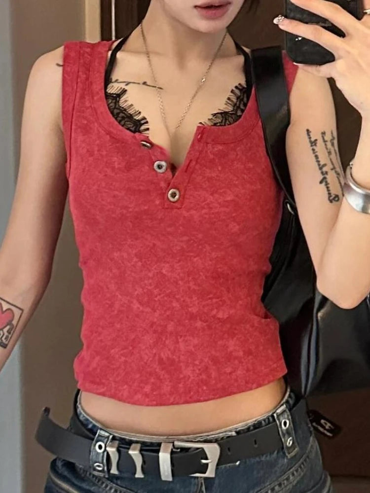 Aiertu  -  Sweet Y2k Aesthetic Lace Patchwork Top Vest Summer Harajuku Single Breasted Fairy Grunge Camisoles 2025 Crop Tanks Women Trendy Aiertu