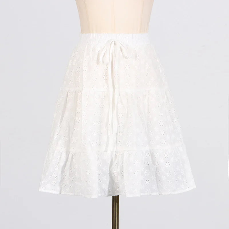 Aiertu  -  Hollow Out Embroidery Skirts Sets Women Off Shoulder Cropped Top+drawstring Mini Skirt 2025 New White Elegant Casual 2 Piece Set Aiertu