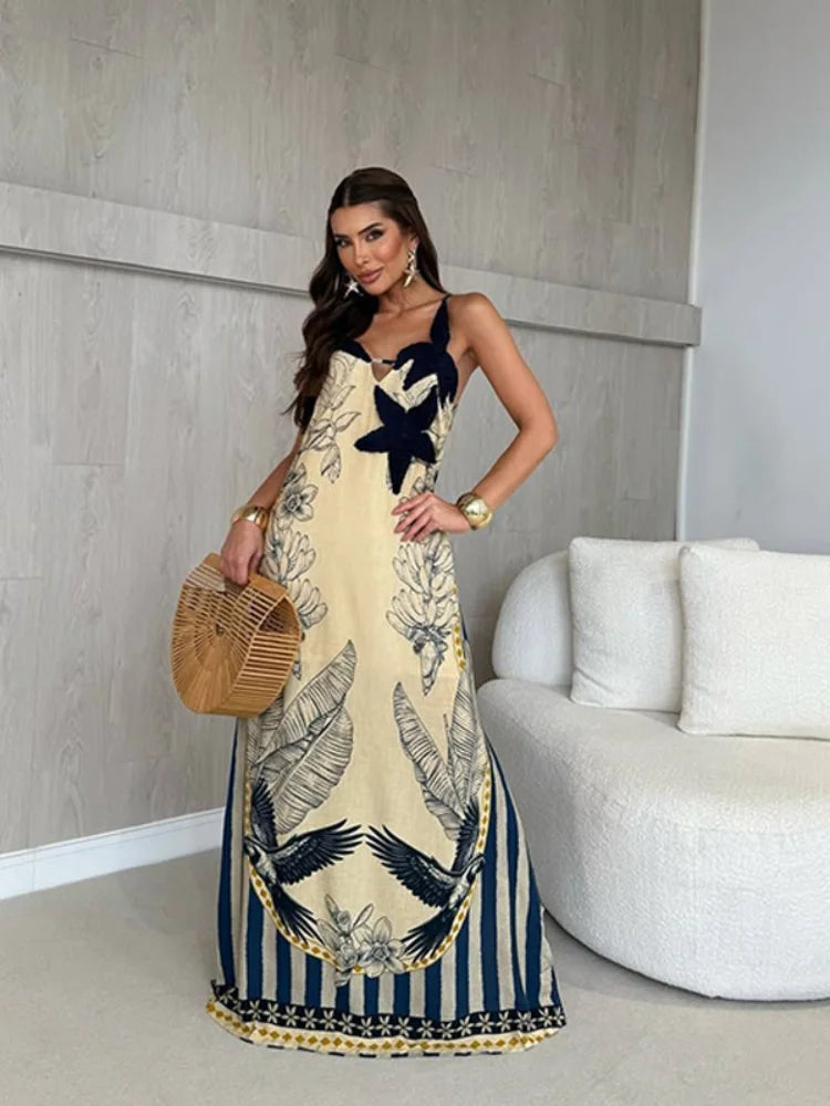 Aiertu  -  Fashion Knitted Star Suspender Maxi Dress For Women Floral Stripe Printed Sling Beach Long Dress Female Chic Vacation Beach Robe Aiertu