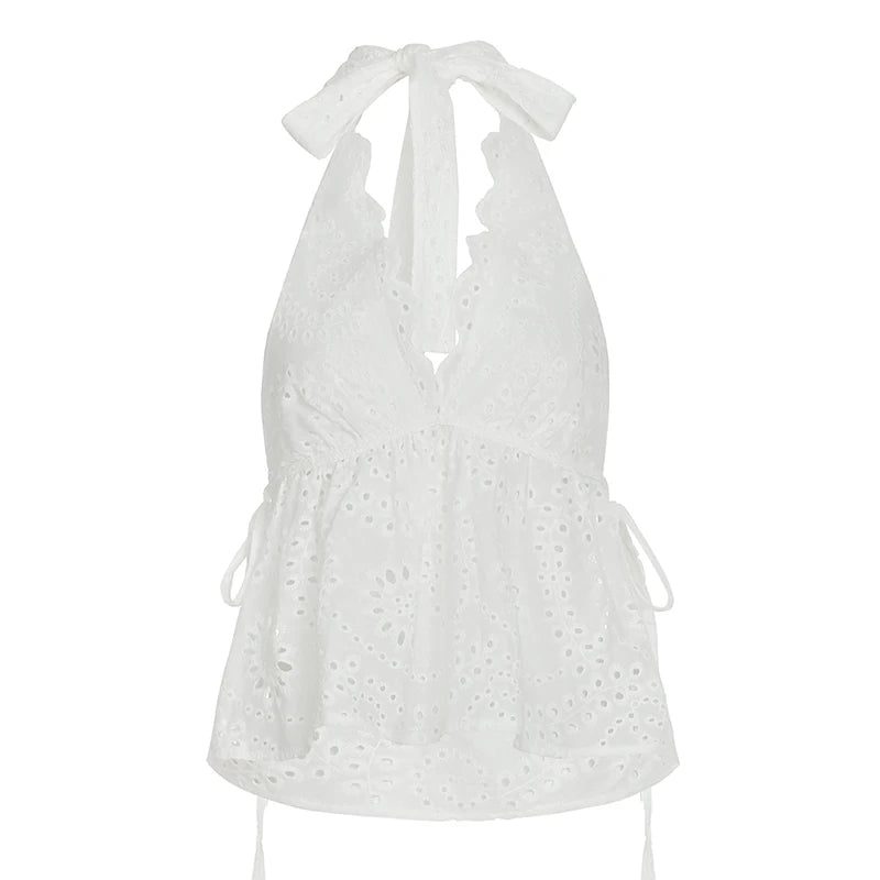 Aiertu  -  Y2K Aesthetics Jacquard Hollow Camis Women Summer Backless Vacation Halter Tops Lace Patchowork Hottie Clothes Trend Aiertu