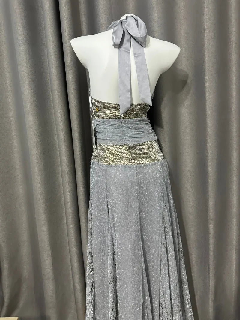 Aiertu  -  Sweet Hot Girl Retro Halter Strap V-neck Dress Women's Spring/summer Pure Sexy A-line Party Long Dress Fashion Female Clothes Aiertu