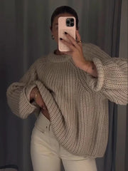 Aiertu  -  Oversized Round Neck Sweater Pullover Women Casual Long Sleeves Knitted Pullover 2026 Autumn New High Street Versatile Knitwear Aiertu