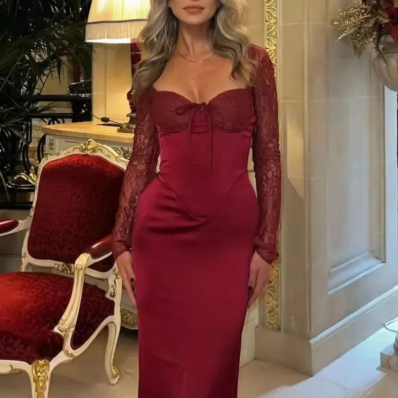 Aiertu  -  Chic Burgundy Frenulum Slim Fit Dress Women Elegant Lace Long Sleeved Square Neck Gown Autumn Evening Party Lady Bodycon Vestido Aiertu