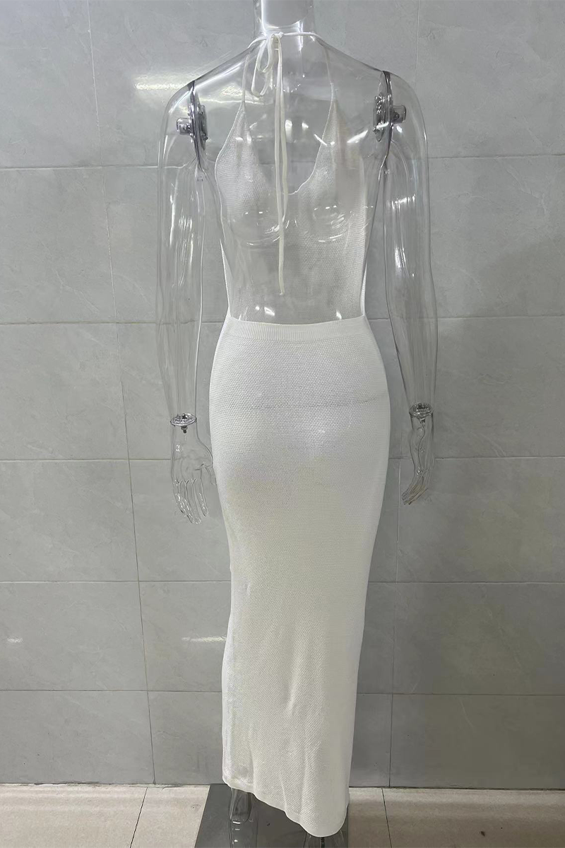 Aiertu  -  Sexy Solid Color Lace Up Backless Halter One Step Skirt Dresses Aiertu