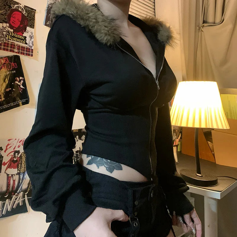 Aiertu  -  Black Hoodies Womens 2000s Clothes Y2k Hooded Sweatshirts With Fur Streetwear Zip Up Cropped Jacket Grunge Corest Top Aiertu