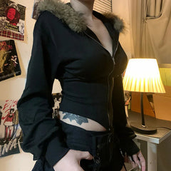 Aiertu  -  Black Hoodies Womens 2000s Clothes Y2k Hooded Sweatshirts With Fur Streetwear Zip Up Cropped Jacket Grunge Corest Top Aiertu