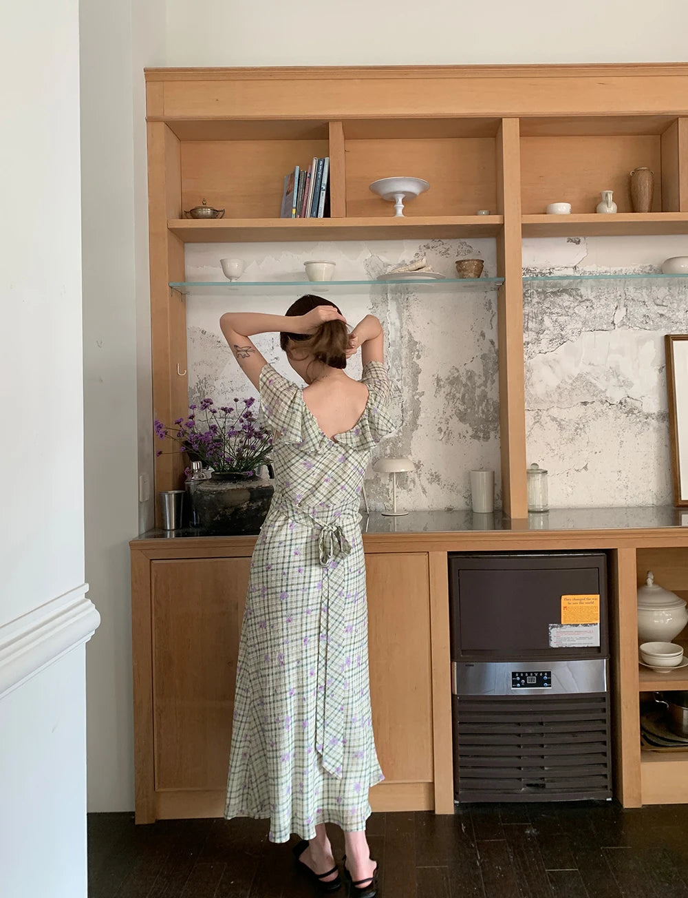 Aiertu  Sweet Long Floral Plaid Summer Chiffon Dress Women Sashes Flying Sleeve A-line Midi Sundress Female Woman Clothes 2025 Aiertu