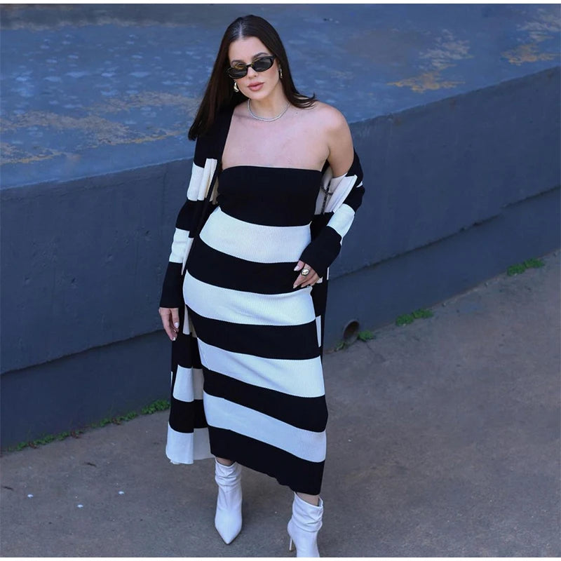 Aiertu  -  Knitted Striped Tube Tops Long Dress Long Jacket Women Set Backless Robe Long Sleeved Single Breasted Jacket Spring Summer Suit Aiertu