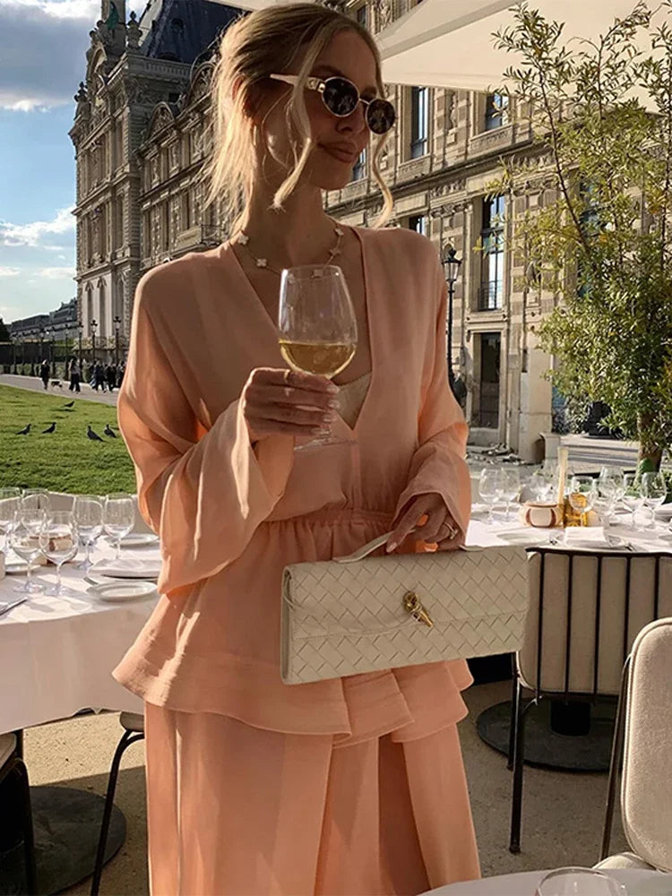 Aiertu  -  Elegant Ruffles Patchwork Pleated Long Dress Women V-neck A-line Long Sleeve Puffy Dresses 2025 Summer Street Vacation Lady Robe Aiertu