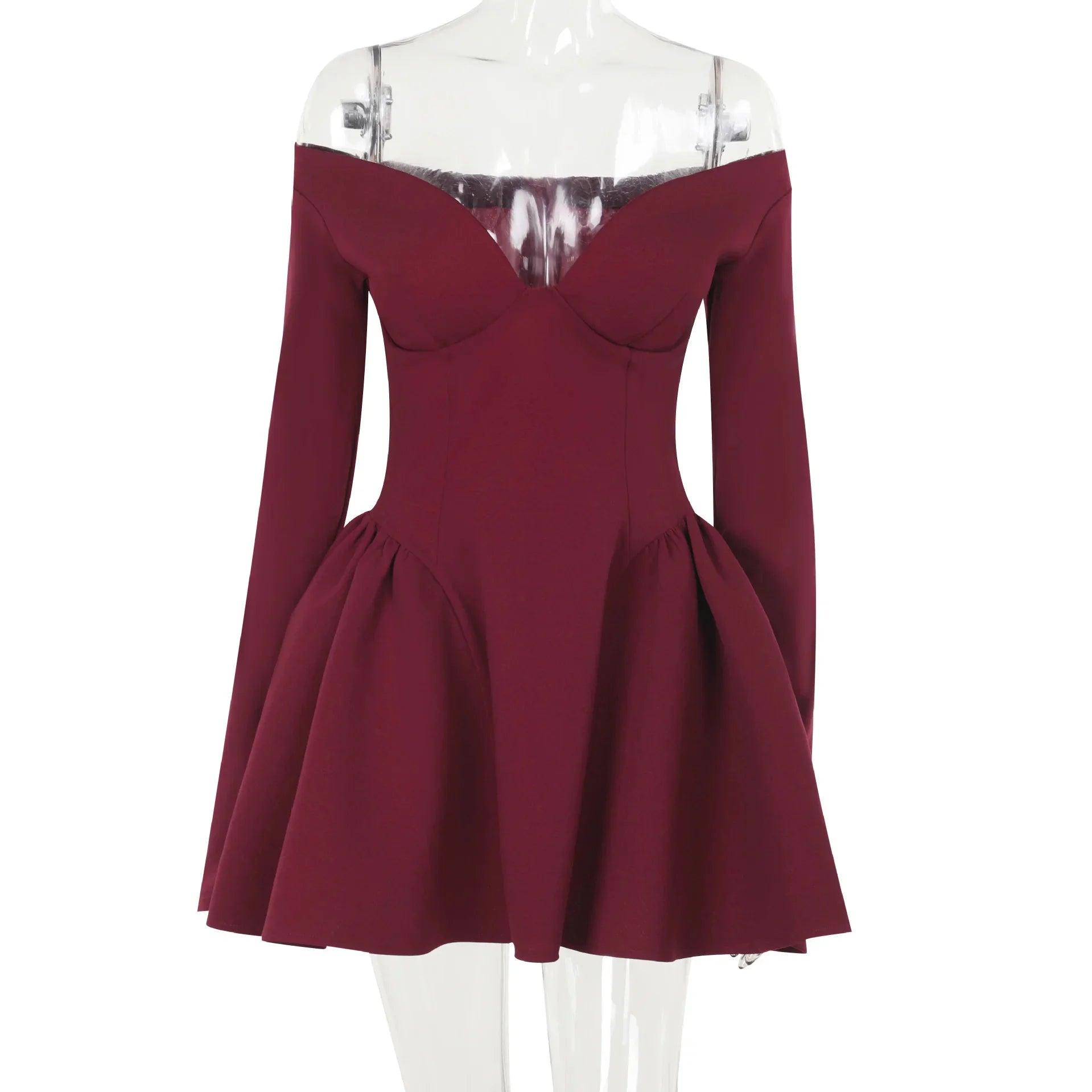 Aiertu  -  Sexy Off Shoulder Backless Mini Dress Women Deep V Neck Slim Long Sleeve A-line Dresses 2025 Lady Elegant Solid Party Ball Gowns Aiertu