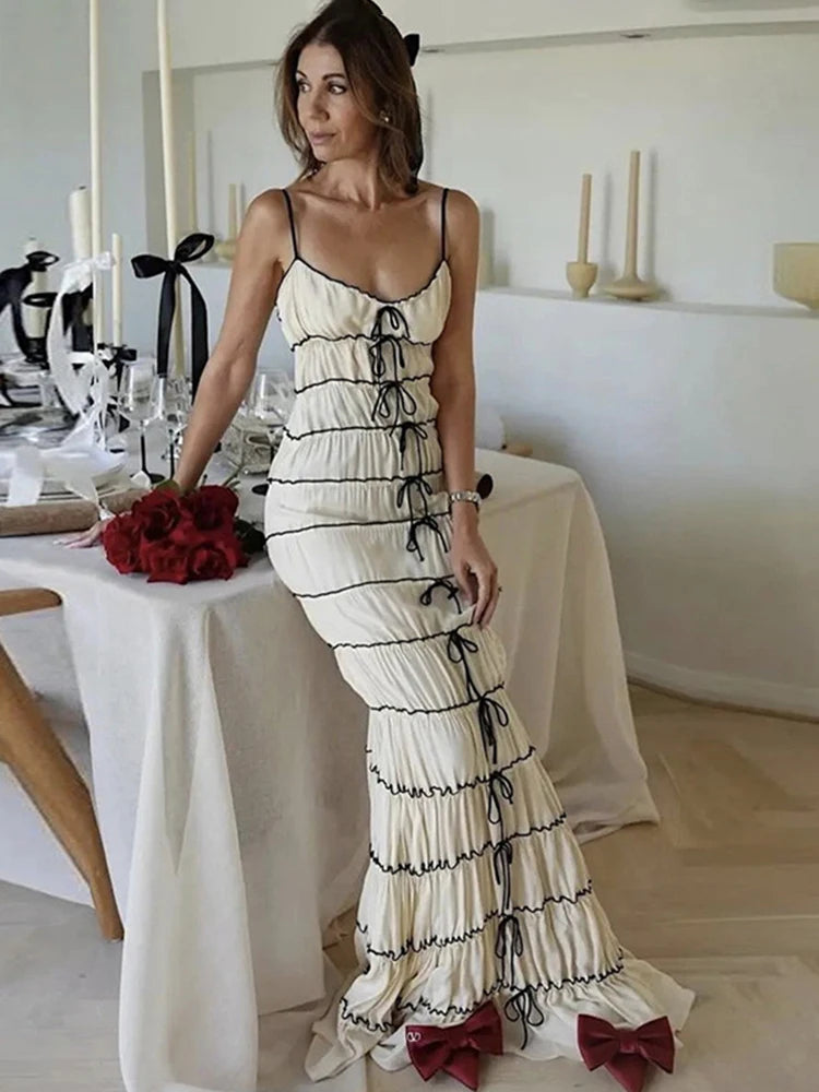 Aiertu  -  Elegant Pleated Lace Up Spaghetti Strap Dress For Women Backless Summer Beach Vacation Camisole Maxi Dress Female Fashion Aiertu