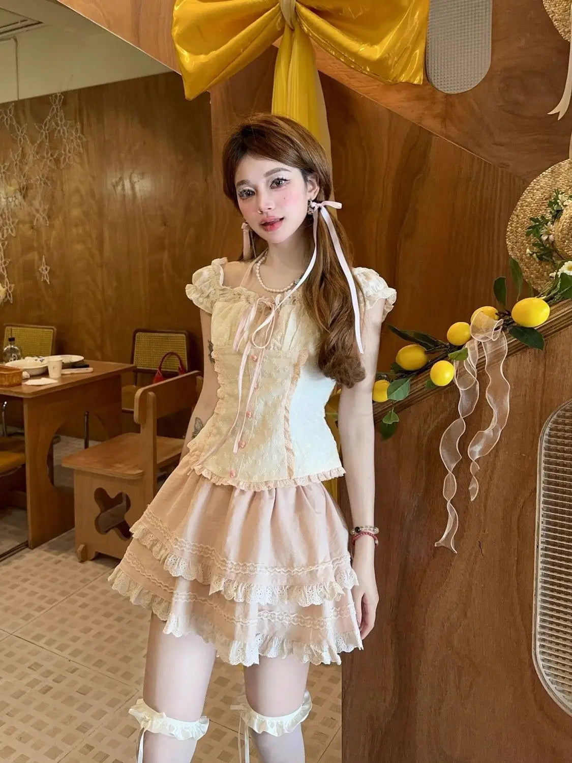 Aiertu  -   Summer Sweet Girls Two Piece Skirt Sets Lace Splicing Puff Sleeve Slim Shirt Tops + High Waist A Line Mini Skirt Outfits Aiertu