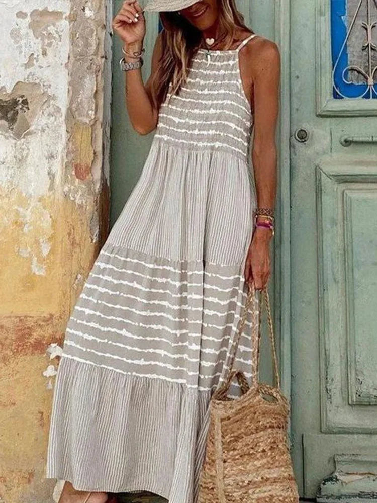 Aiertu  -  Women's Fashion Retro Loose Print Sling Dress Summer Bohemia Style Beach Seaside Maxi Dress Elegant Chic New Pattern Long Dress Aiertu