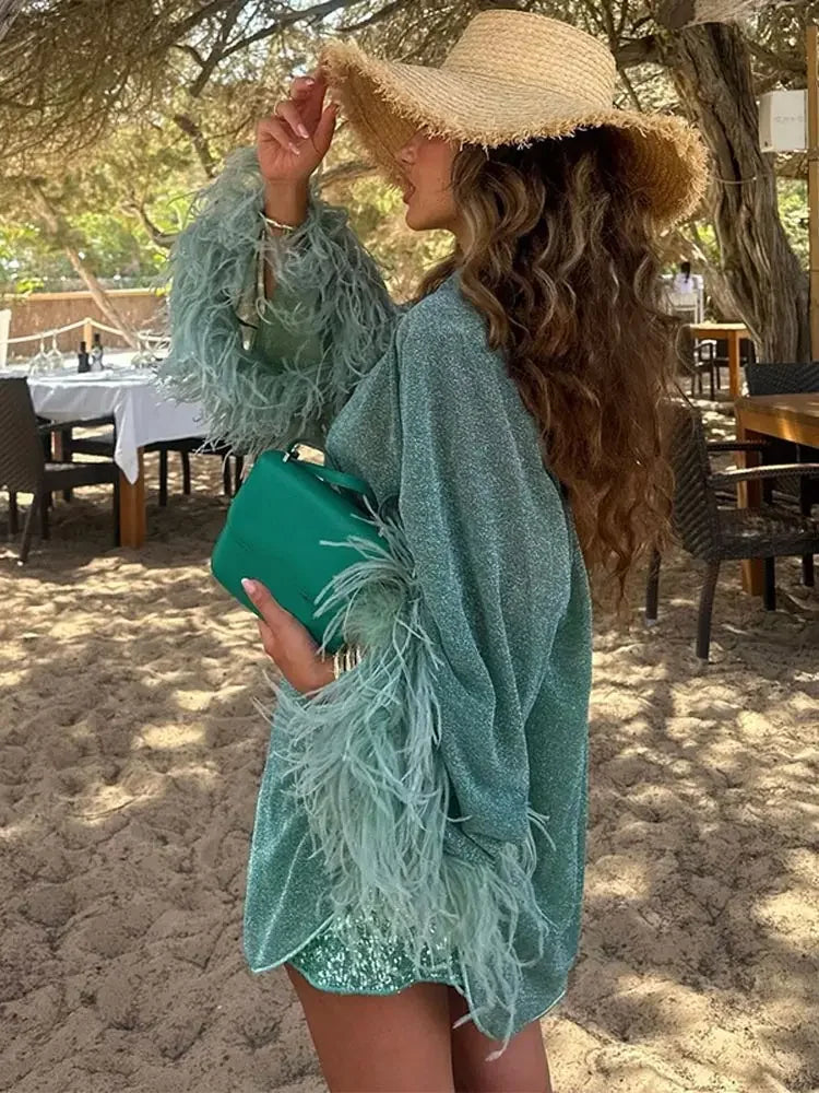 Aiertu  -  Women Fashion Feather Patchwork Shirt Chic Stand Collar Single-breasted Loose Shirts 2026 New Lady Beach Vacation  Blouse Aiertu
