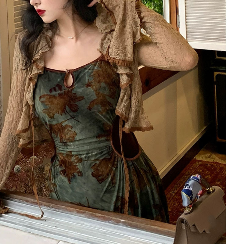 Aiertu - Vintage Leaves Print Maxi Dress Aiertu