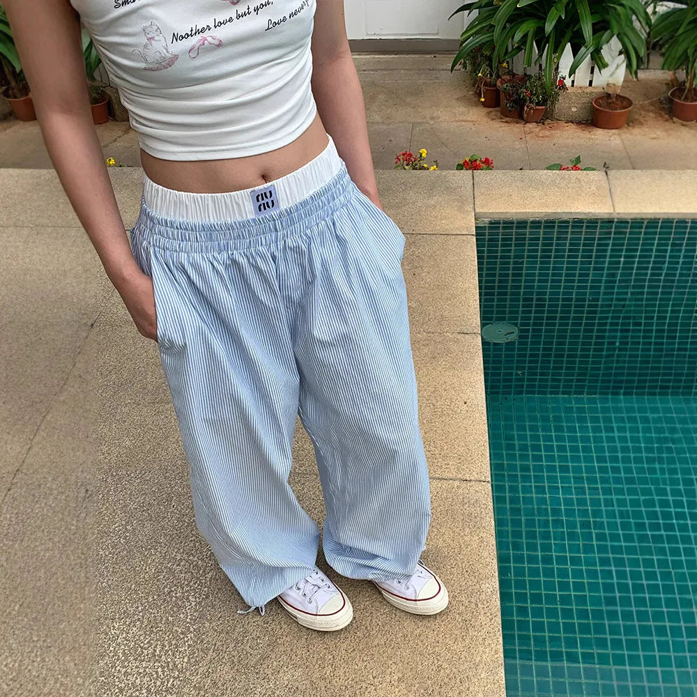 Aiertu  -  Fake two-piece striped trousers for men and women 2026 summer new casual wide-leg design lazy style thin straight pants Aiertu
