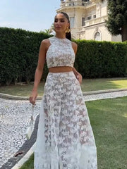 Aiertu  -  Embroidery Hook Flower Hollow White Dresses Sets Women Elegant Sleeveless Tops Skirts Two Piece Sets Female Holiday Party Dress Aiertu