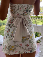 Aiertu Floral Bandeau Tube Top Mini Dress Women Off-Shoulder Strapless Bodycon Party Dress Backless Bow Knotted Vestidos Aiertu