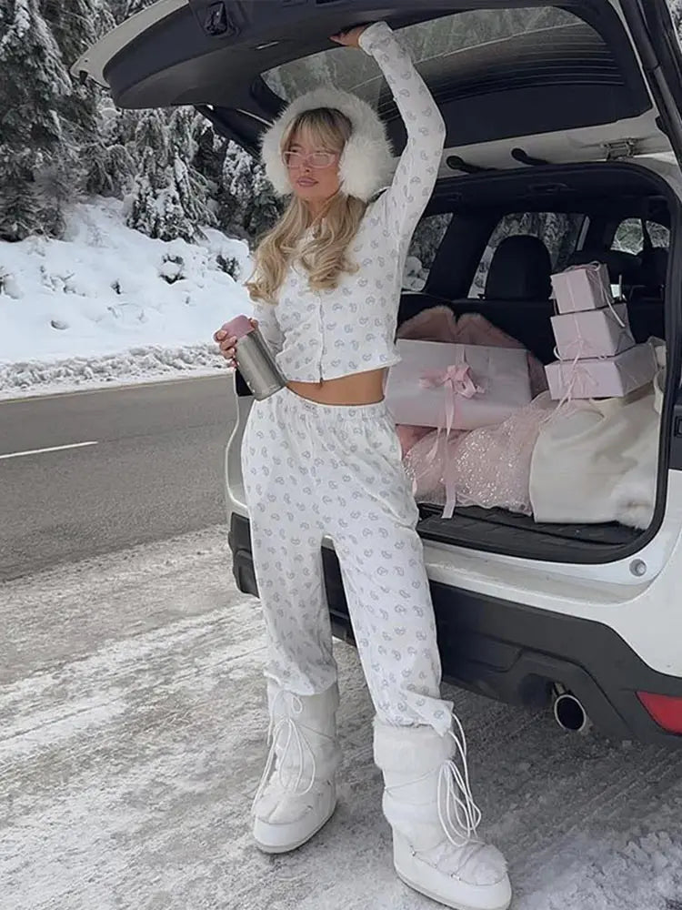 Aiertu  -  Printed Halter Coat Pants Three Piece Set Slim Fit Casual Floral Women Short Cardigan Jacket Top Camisole High Waisted Trousers Aiertu