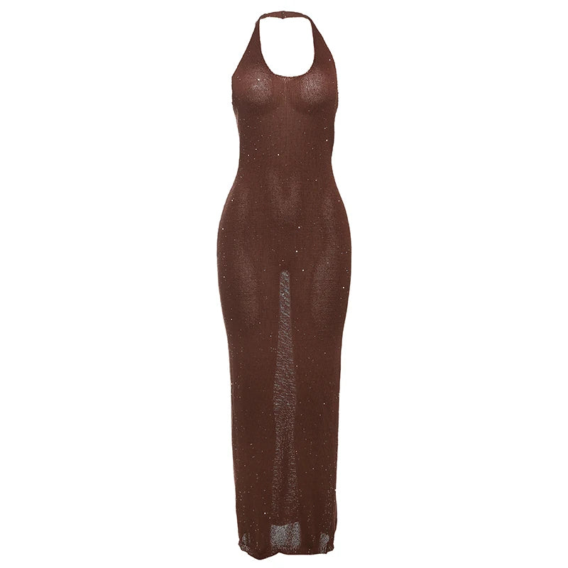 Aiertu  -  Sexy See Through Dress Women Sequins Backless Halter Sleeveless Solid Slim Summer Trend Midnight Club Party Vestidos Aiertu