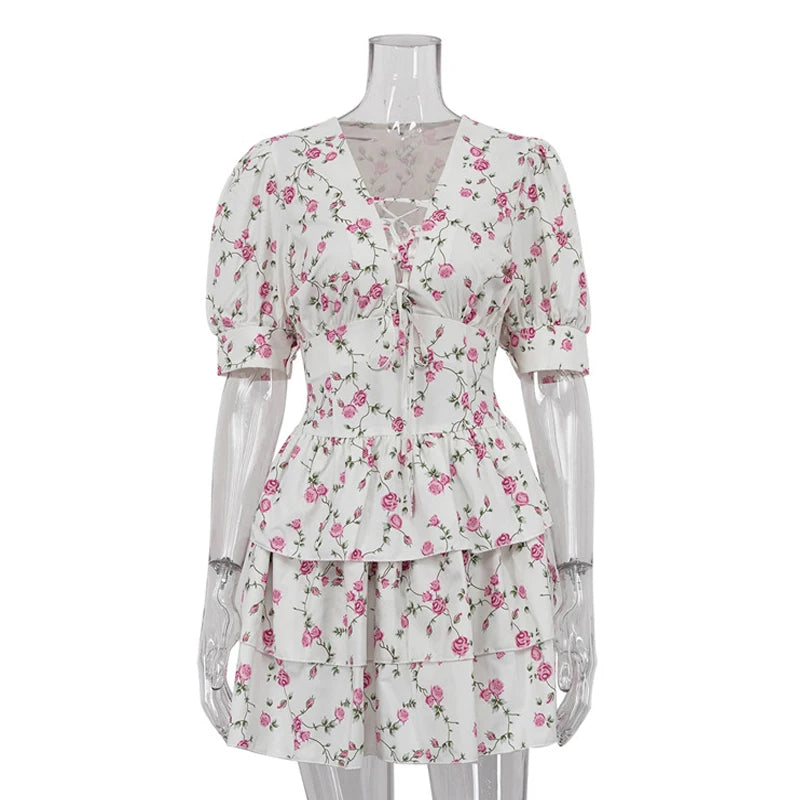 Aiertu  -  V-neck Lace Up Floral Mini Dress For Women Short Sleeve Ruffled Splice Sweet Beach Holiday Dress Party Female Summer New Aiertu