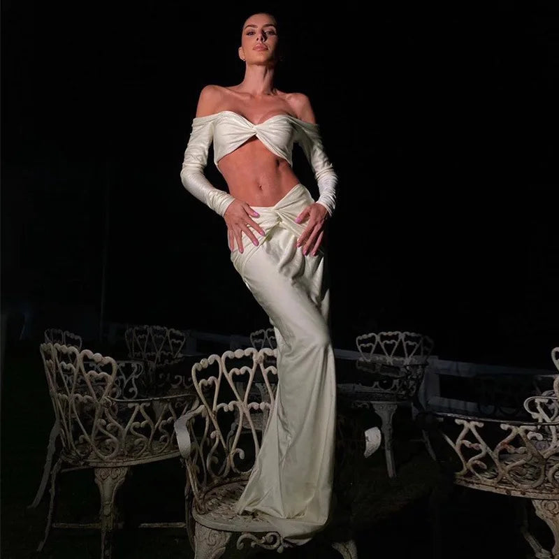Aiertu  -  Sexy Strapless Two Piece Sets Women Off-shoulder Long Sleeve T-shirt And Long Skirt Female Club Matching 2 Piece Sets Aiertu