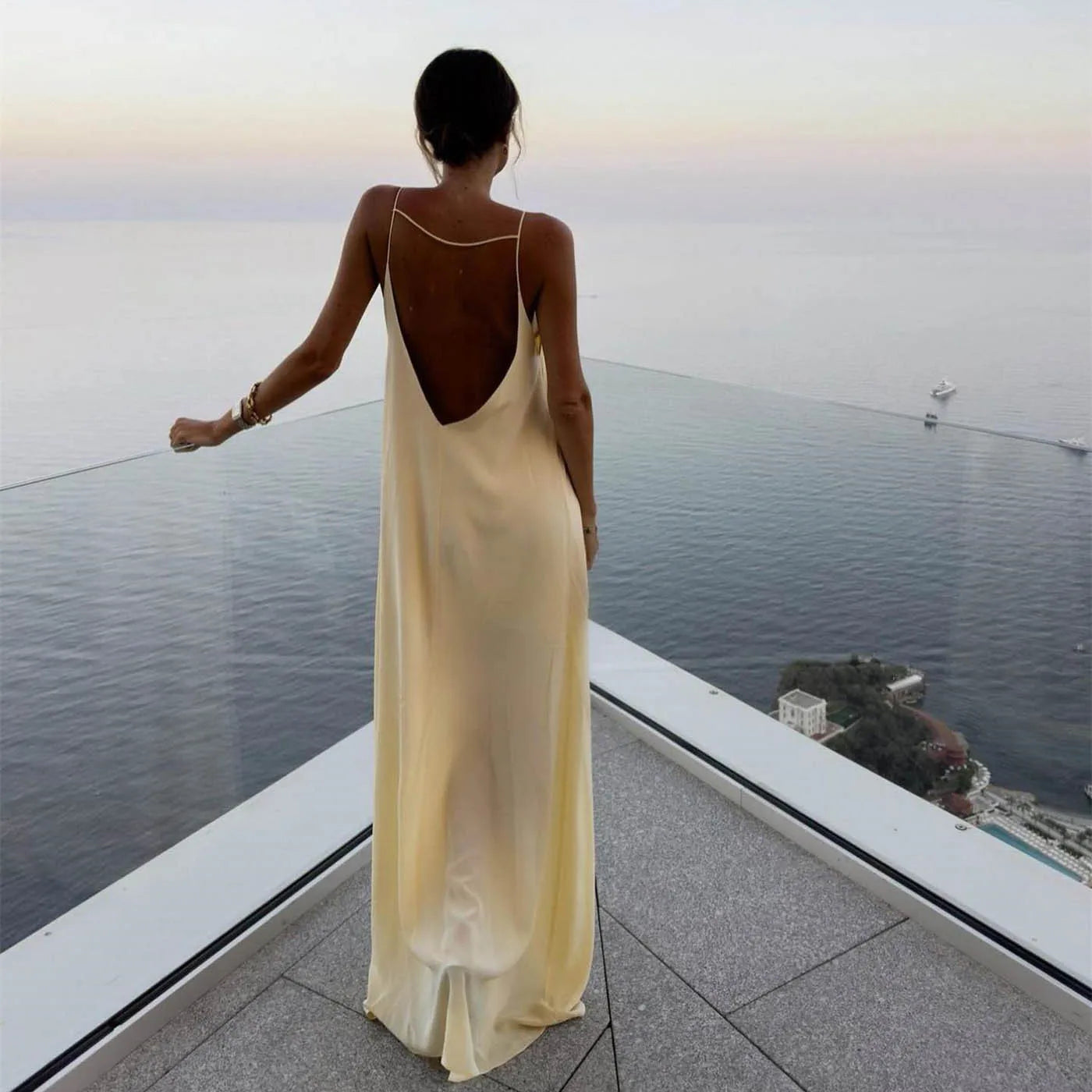 Aiertu  -  Ladies Feminine Buff Dress Loose Backless Round Neck Spaghetti Strap Drop Waist Long Robe Vacation Formal Ceremony Party Gown Aiertu