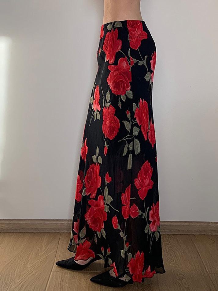 Aiertu  -Vintage Floral Print Mesh Layered High-Waist Skirt aiertu