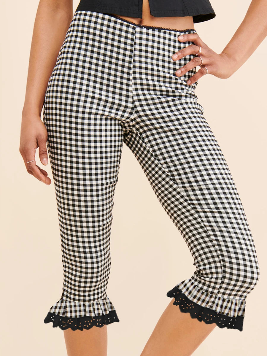Aiertu  -  Women s Plaid Capri Pants with Lace Ruffles and Stretchy Cropped Leggings for Summer Casual Wear Aiertu