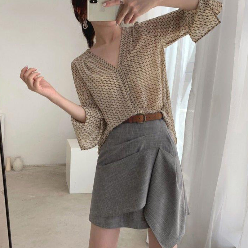 Aiertu Vintage Blouses Women Elegant V Neck Print Long Sleeve Loose Shirts Office Lady Casual Chiffon Chic Sun Protection Tops Aiertu