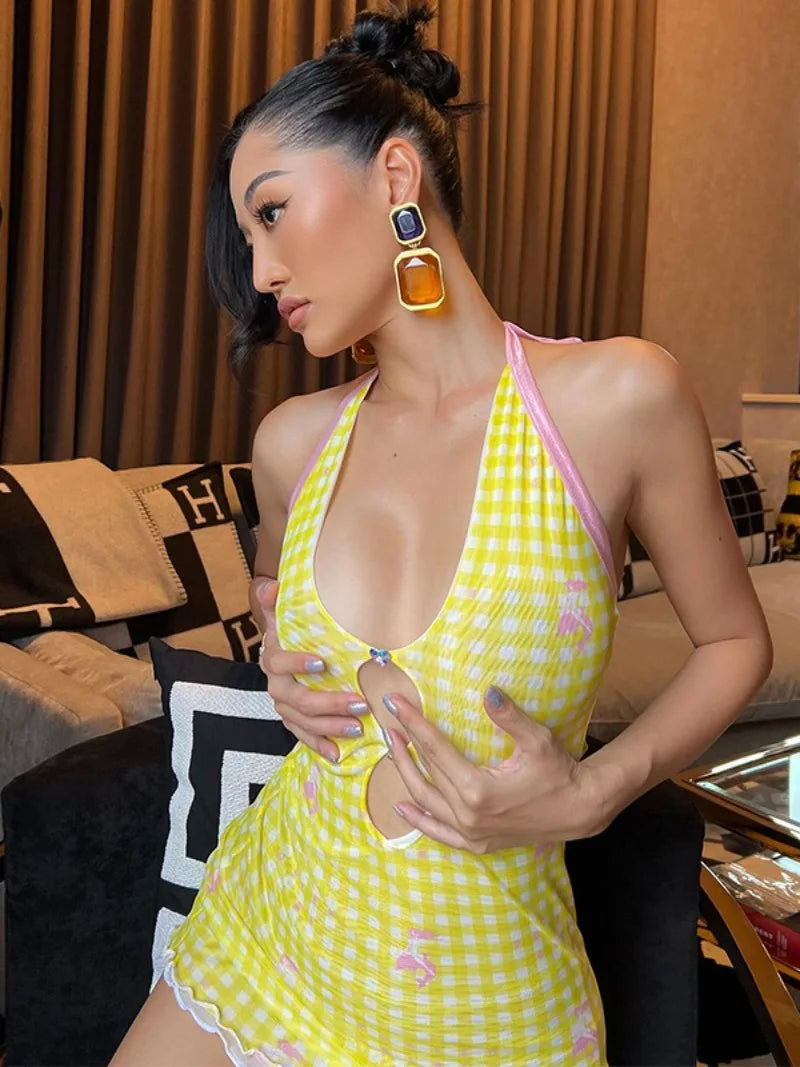 Aiertu  -  2026 Autumn Halter Backless Print Yellow Mini Dress Streetwear Fashion Sexy V-neck Hollow Out Slim Sleeveless Party Club Dresses Aiertu
