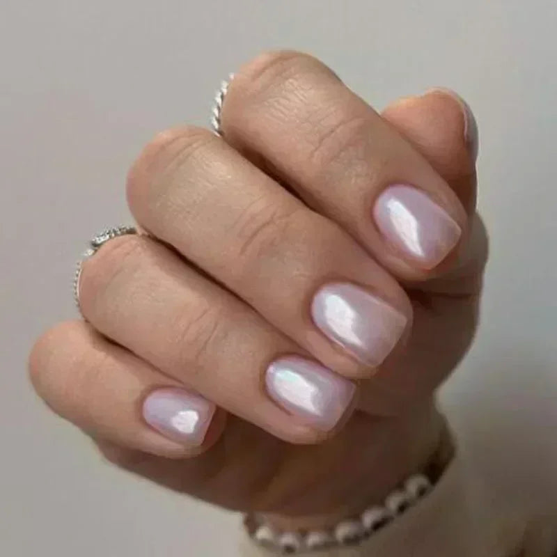 Aiertu 24Pcs Short False Nails Aurora Cat Eye with French Design Simple Metallic Full Cover Wearable Chrome Press on Fake Nails Tips Aiertu