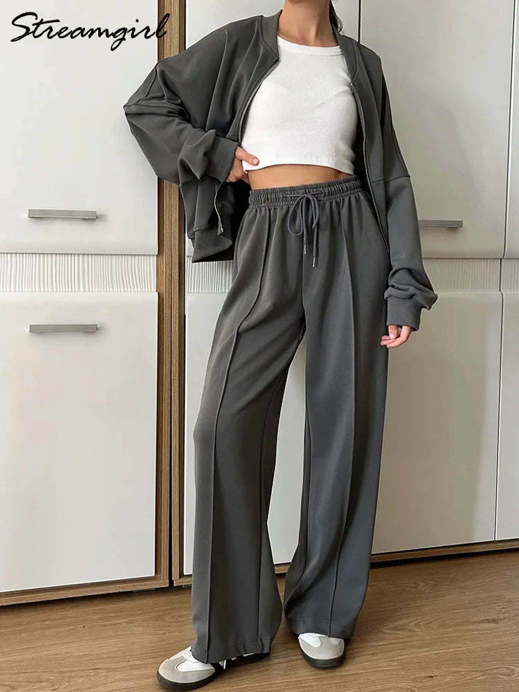 Aiertu  -  Sweatsuits Pant Sets For Women 2 Pieces Outfit Oversize Zipper Sweatshirts Set Women Jogger Straight Sweatpants Red Tracksuit Aiertu