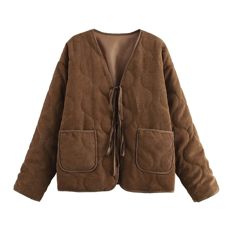Aiertu  -  Vintage Cotton Jackets Women Casual Loose V Neck Lace Up Long Sleeves Coats Female 2024 Winter Hollow Out Solid Thick Outwears Aiertu