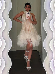 Aiertu  -  Elegant White Sequins Feather Hem Mini Dress Women Sexy Off Shoulder Loose Halter Dresses 2026 New Shiny Female Party Vestidos Aiertu