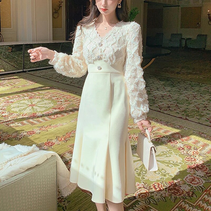 Aiertu Long White Dress Women French Vintage V-neck Lace Slim Y2K Dress Spring Korean One Piece Casual Evening Party Dress Aiertu