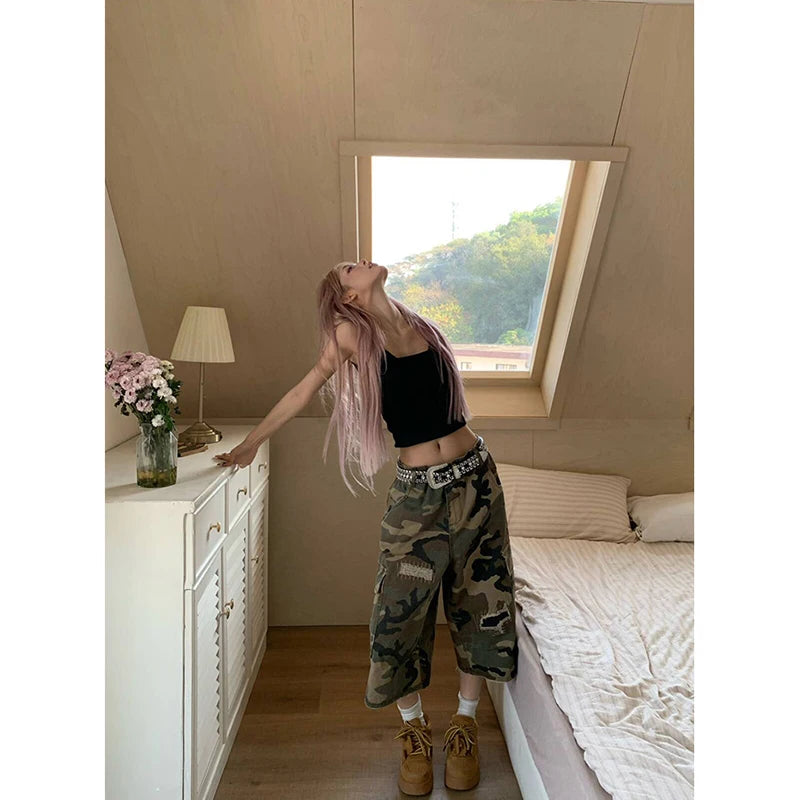 Aiertu  American Retro High Waist Camouflage Jeans Women Pockets Hip-hop Shorts 2025 Summer Casual Y2K Grunge Street Washed Denim Shorts Aiertu