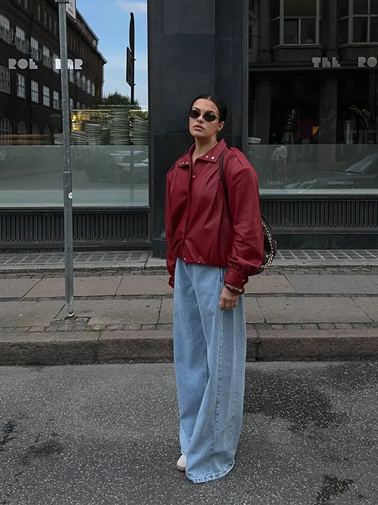Aiertu  -  Women Vintage Wine Red Single Breasted Leather Jacket Elegant Lapel Long Sleeve Loose Short Coat Autumn Chic Lady Street Outwear Aiertu