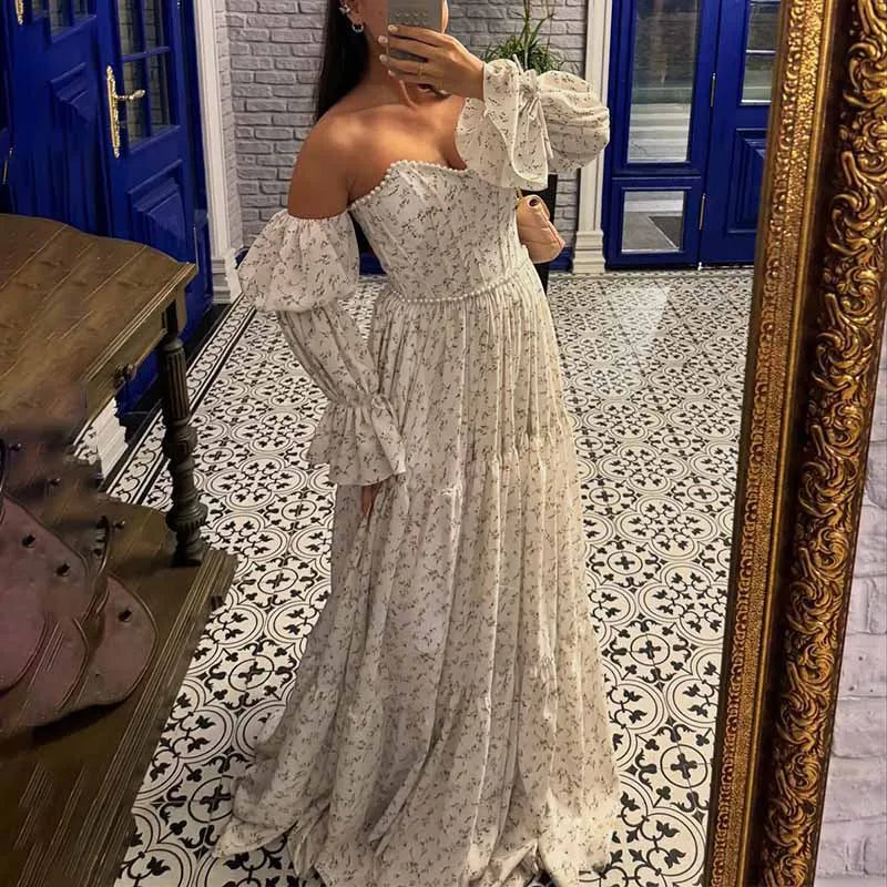 Aiertu  -  Fashion Long Sleeved Backless Princess Dress New Summer Floral Print Robe Dress Sexy Off Shoulder Pleated Women Party Dress Aiertu