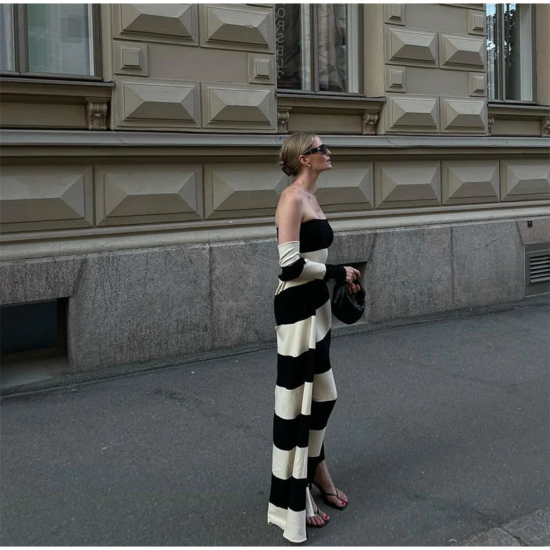 Aiertu  -  Knitted Striped Tube Tops Long Dress Long Jacket Women Set Backless Robe Long Sleeved Single Breasted Jacket Spring Summer Suit Aiertu