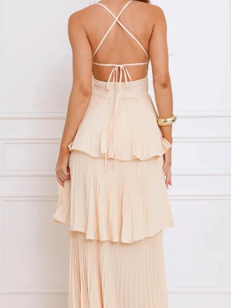 Aiertu  -  layered look inspo Femmale Yellow Sexy V-neck High Waist Bodycon Long Dresses Women Backless Lace Up Multi Layer Maxi Dress 2025 Casual Party Wear Aiertu