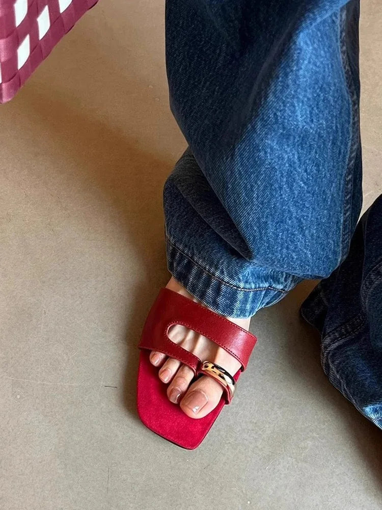 Aiertu  -  Popular Design Women Slippers Casual Non-slip Outside Sandals Low-heels Shoes Metal Buckle Split Toe Beautiful Flats Aiertu