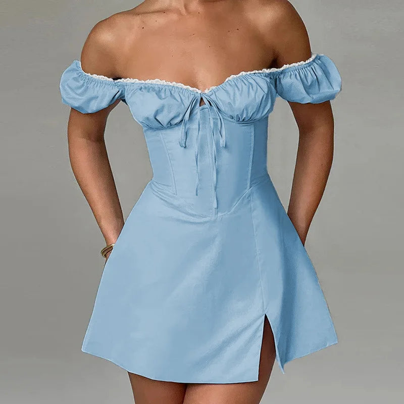 Aiertu  -  European and American women's clothing 2026 summer new one-word shoulder lace split dress sexy short dress Aiertu