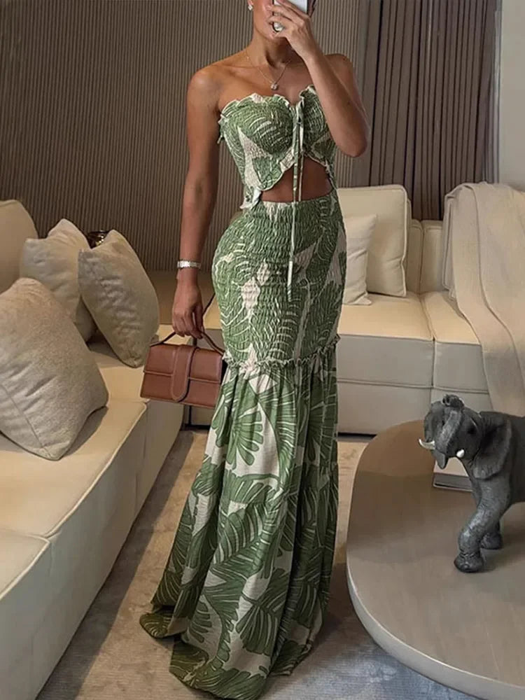 Aiertu  -  Chic  Hollow Out Printed Halter Long Dress Women Backless Off Shoulder Patchwork Ruffle Summer 2026 Dresses Party Vacation Robe Aiertu