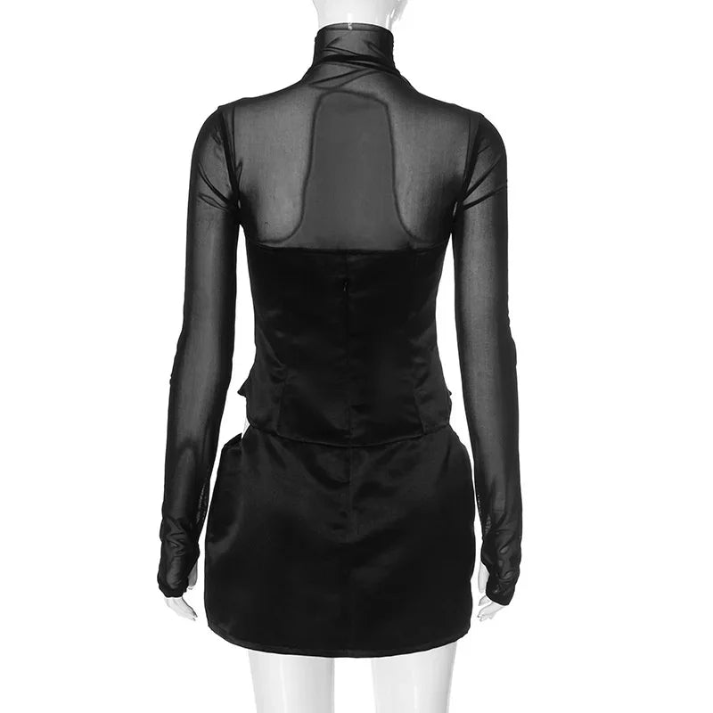 Aiertu  -  Sexy Women Mesh Turtleneck Mini Dress Fashion Patchwork Long Sleeve Satin Cut Out Dress Bodycon Short Club Party Dresses Aiertu