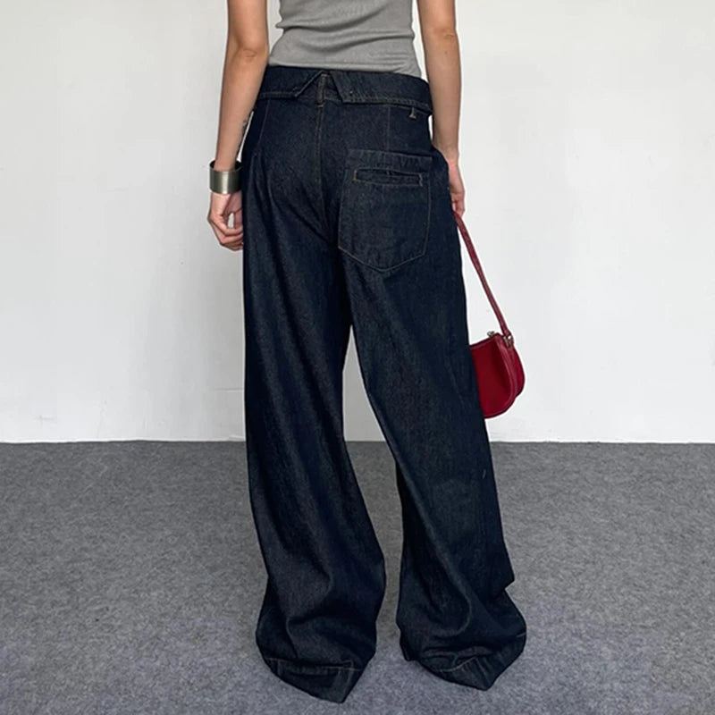 Aiertu  Stylish Y2K Fold Over Waist Baggy Jeans Dark Blue Vintage Casual High Street Loose Denim Straight Pants Elegant Lady Aiertu