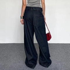 Aiertu  Stylish Y2K Fold Over Waist Baggy Jeans Dark Blue Vintage Casual High Street Loose Denim Straight Pants Elegant Lady Aiertu