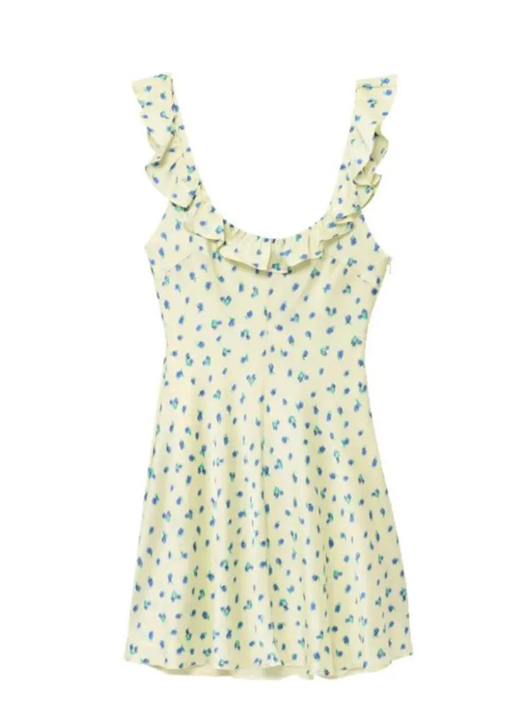 Aiertu  -  Women's Floral Print Mini Dresses 2026 Summer Sleeveless U Neck Ruffled Hem Vacation Outfit Light Green Leaf Elegant Party Dress Aiertu