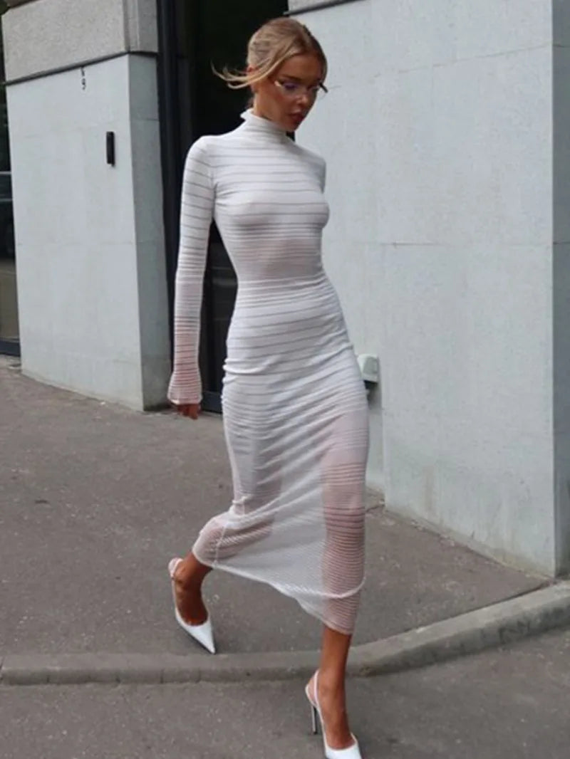 Aiertu  -  2026 Autumn Winter Striped See-through Knitted Long Dress Streetwear Sexy Women's Half High Collar Bodycon Evening Party Dresses Aiertu