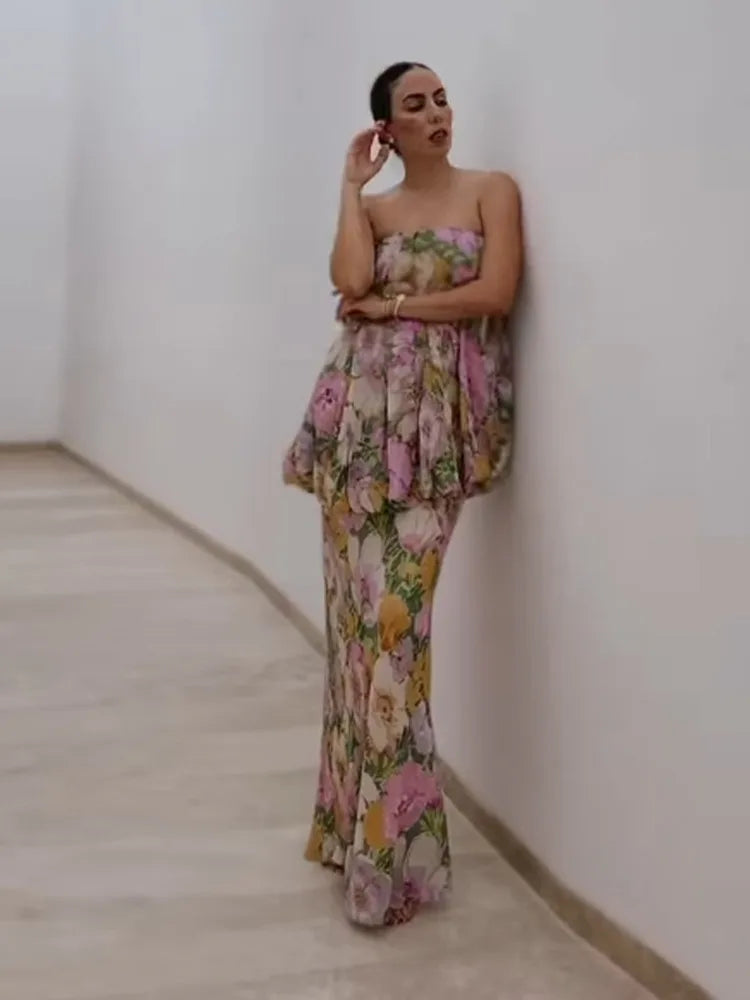 Aiertu  -  Strapless Layered Printed Dress Flower Off Shoulder Backless Layers Slimming Seaside Beach Women Long Dress Fashion Robes Summer Aiertu